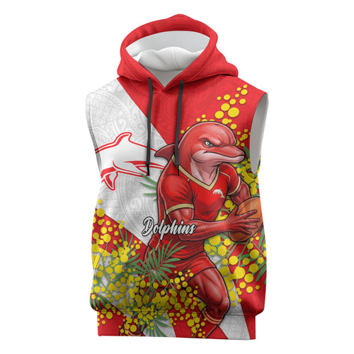 Dolphins Sleeveless Hoodie Golden Wattle Floral Polynesian - Australian Flower - Rugby Mascot