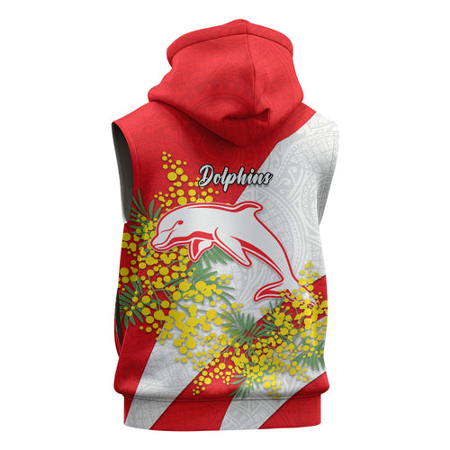 Dolphins Sleeveless Hoodie Golden Wattle Floral Polynesian - Australian Flower - Rugby Mascot