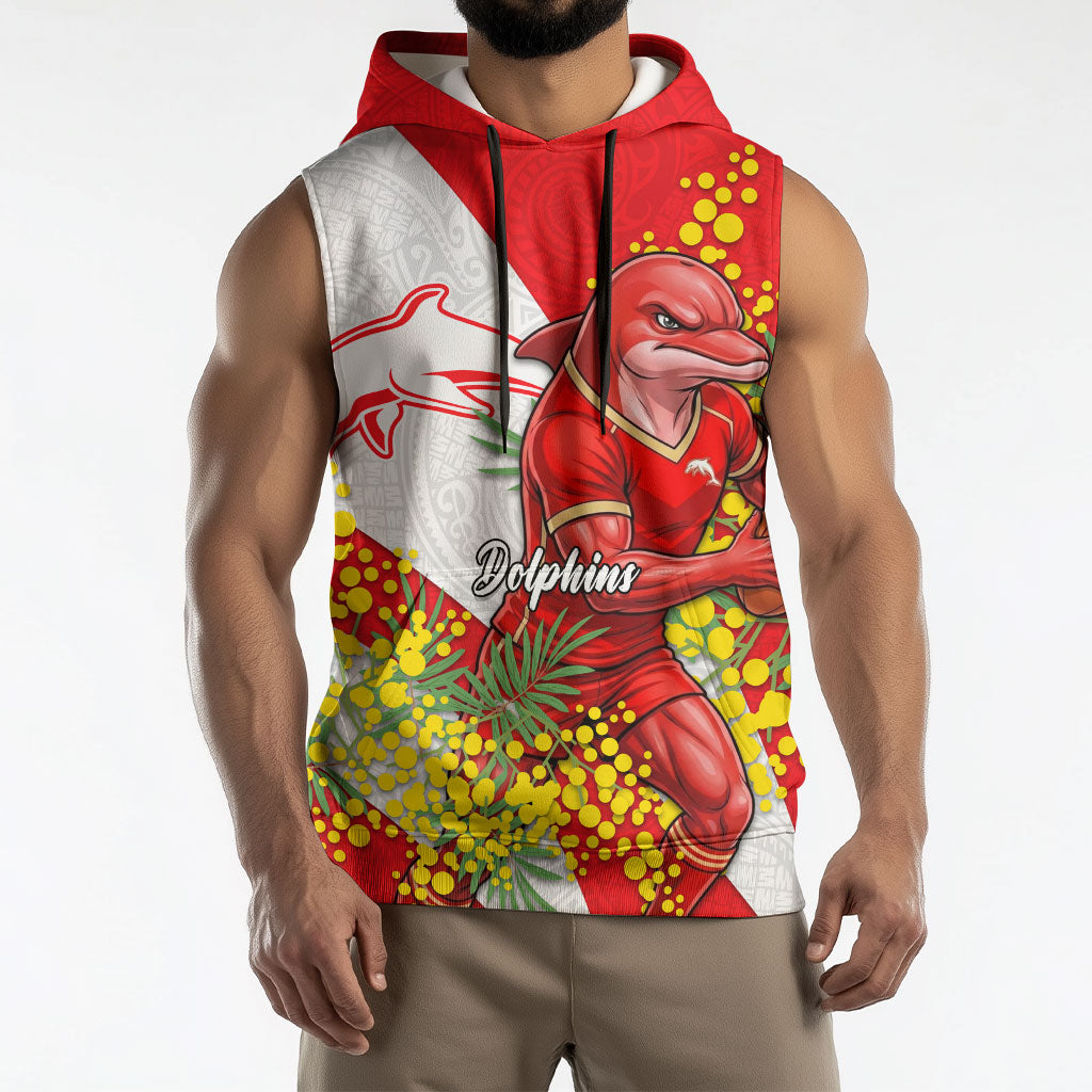 Dolphins Sleeveless Hoodie Golden Wattle Floral Polynesian - Australian Flower - Rugby Mascot