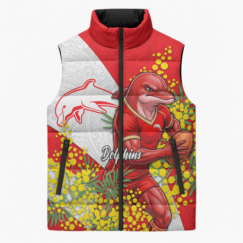 Dolphins Sleeveless Puffer Jacket Golden Wattle Floral Polynesian - Australian Flower - Rugby Mascot
