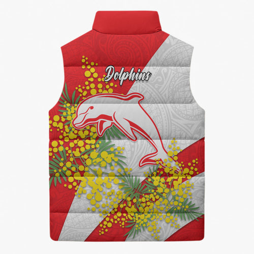 Dolphins Sleeveless Puffer Jacket Golden Wattle Floral Polynesian - Australian Flower - Rugby Mascot