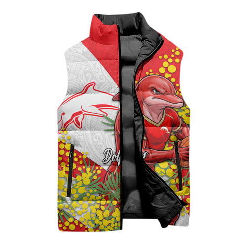 Dolphins Sleeveless Puffer Jacket Golden Wattle Floral Polynesian - Australian Flower - Rugby Mascot