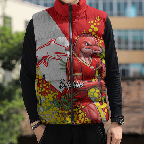 Dolphins Sleeveless Puffer Jacket Golden Wattle Floral Polynesian - Australian Flower - Rugby Mascot