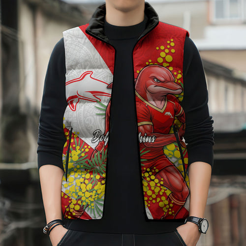 Dolphins Sleeveless Puffer Jacket Golden Wattle Floral Polynesian - Australian Flower - Rugby Mascot