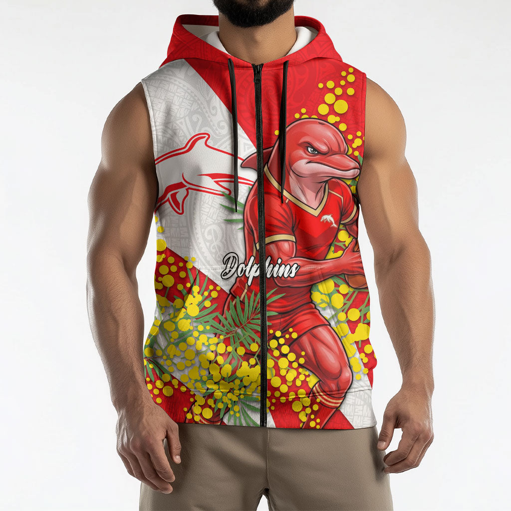 Dolphins Sleeveless Zip Hoodie Golden Wattle Floral Polynesian - Australian Flower - Rugby Mascot