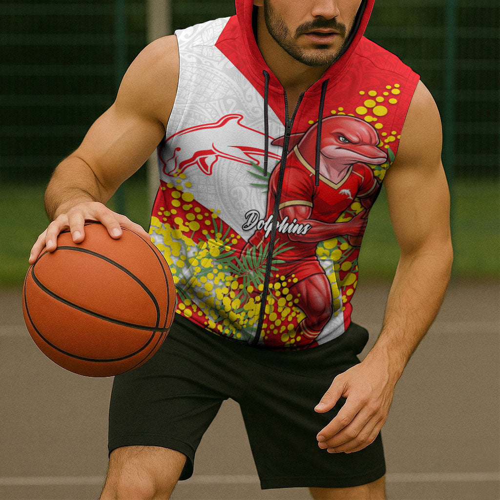 Dolphins Sleeveless Zip Hoodie Golden Wattle Floral Polynesian - Australian Flower - Rugby Mascot