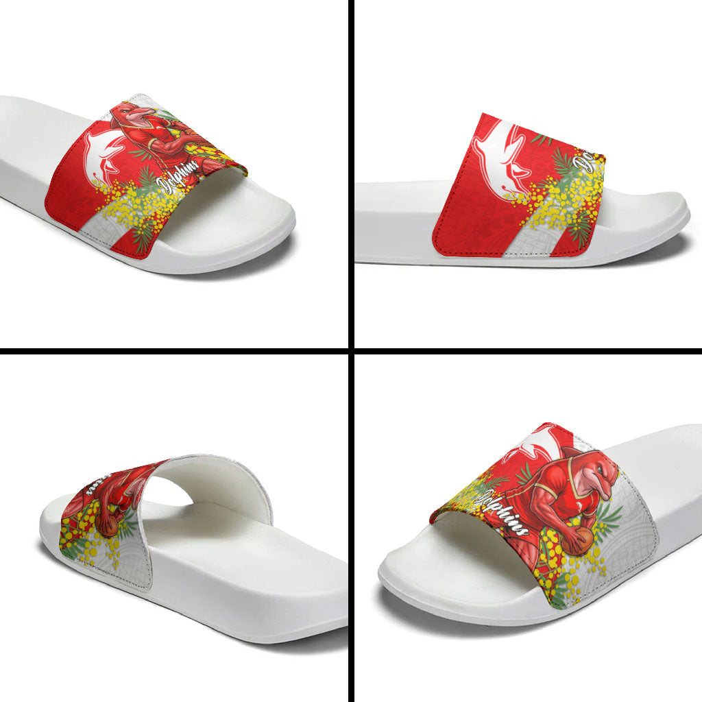 Dolphins Slide Sandals Golden Wattle Floral Polynesian - Australian Flower - Rugby Mascot
