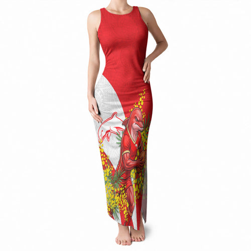 Dolphins Tank Maxi Dress Golden Wattle Floral Polynesian - Australian Flower - Rugby Mascot