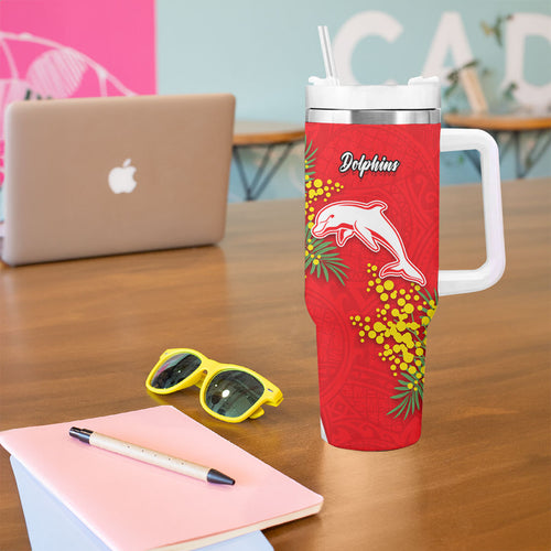 Dolphins Tumbler With Handle Golden Wattle Floral Polynesian - Australian Flower - Rugby Mascot