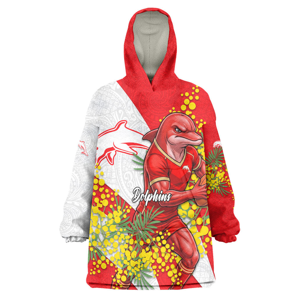 Dolphins Wearable Blanket Hoodie Golden Wattle Floral Polynesian - Australian Flower - Rugby Mascot