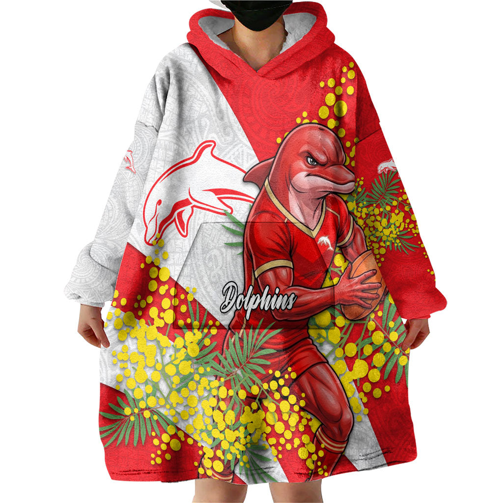 Dolphins Wearable Blanket Hoodie Golden Wattle Floral Polynesian - Australian Flower - Rugby Mascot