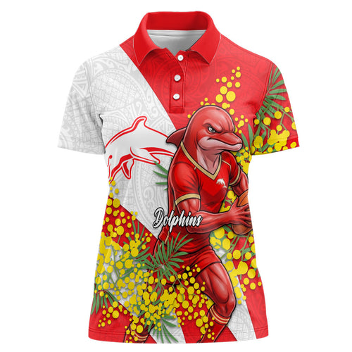 Dolphins Women Polo Shirt Golden Wattle Floral Polynesian - Australian Flower - Rugby Mascot