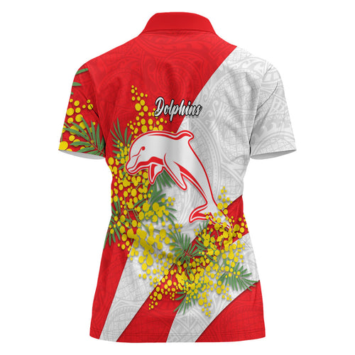 Dolphins Women Polo Shirt Golden Wattle Floral Polynesian - Australian Flower - Rugby Mascot