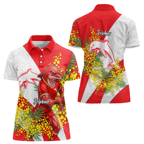 Dolphins Women Polo Shirt Golden Wattle Floral Polynesian - Australian Flower - Rugby Mascot