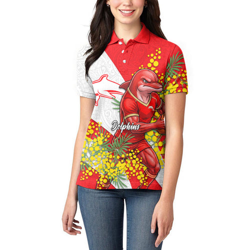 Dolphins Women Polo Shirt Golden Wattle Floral Polynesian - Australian Flower - Rugby Mascot