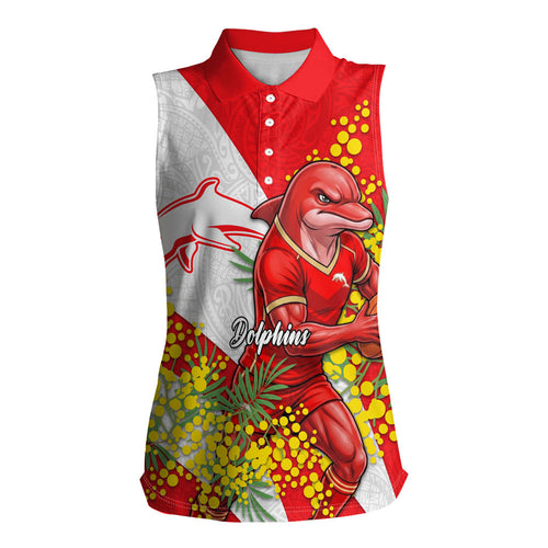 Dolphins Women Sleeveless Polo Shirt Golden Wattle Floral Polynesian - Australian Flower - Rugby Mascot