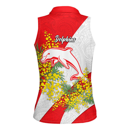 Dolphins Women Sleeveless Polo Shirt Golden Wattle Floral Polynesian - Australian Flower - Rugby Mascot
