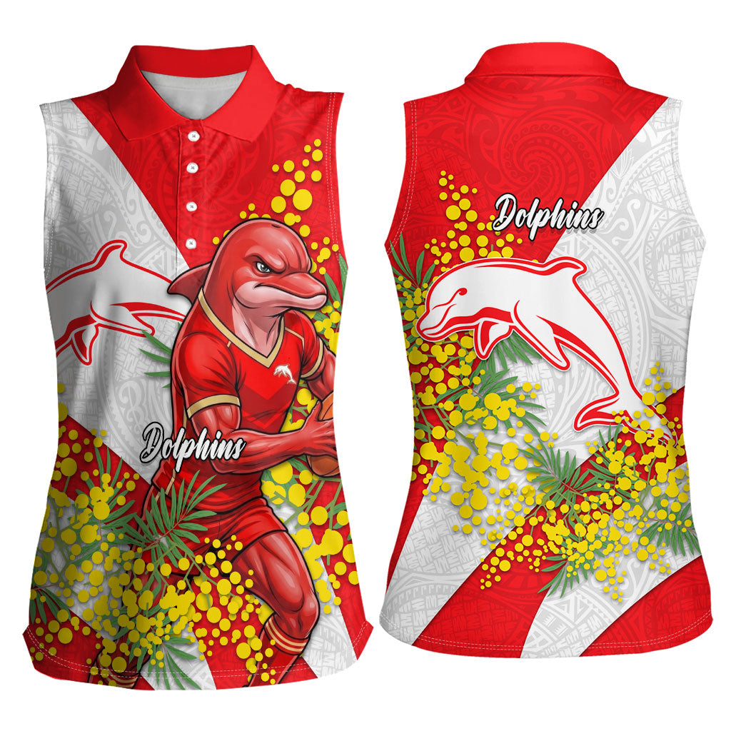 Dolphins Women Sleeveless Polo Shirt Golden Wattle Floral Polynesian - Australian Flower - Rugby Mascot