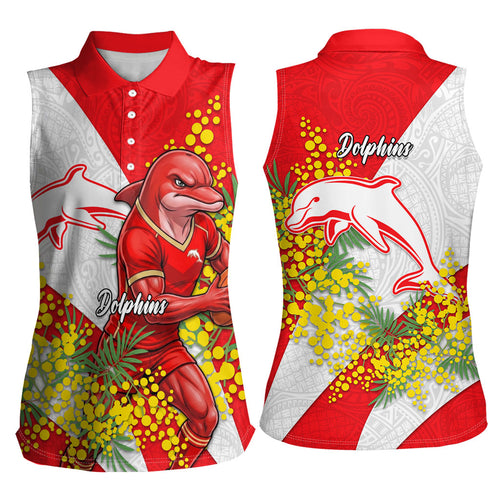 Dolphins Women Sleeveless Polo Shirt Golden Wattle Floral Polynesian - Australian Flower - Rugby Mascot