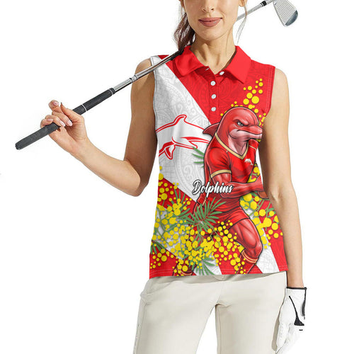 Dolphins Women Sleeveless Polo Shirt Golden Wattle Floral Polynesian - Australian Flower - Rugby Mascot