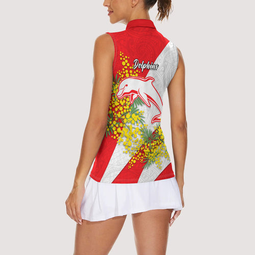 Dolphins Women Sleeveless Polo Shirt Golden Wattle Floral Polynesian - Australian Flower - Rugby Mascot