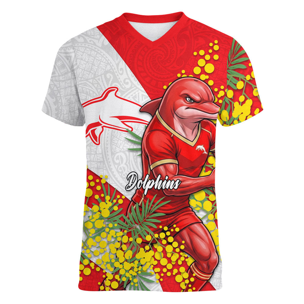 Dolphins Women V-Neck T-Shirt Golden Wattle Floral Polynesian - Australian Flower - Rugby Mascot