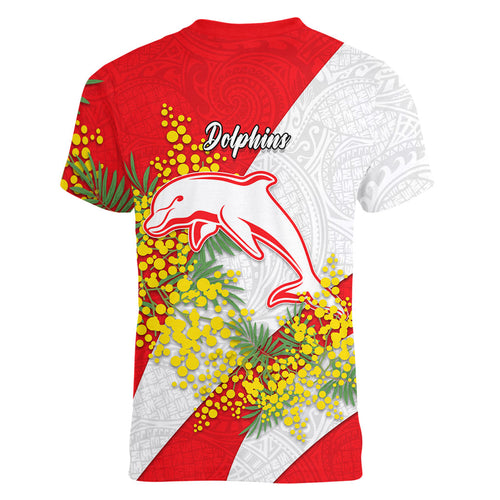 Dolphins Women V-Neck T-Shirt Golden Wattle Floral Polynesian - Australian Flower - Rugby Mascot