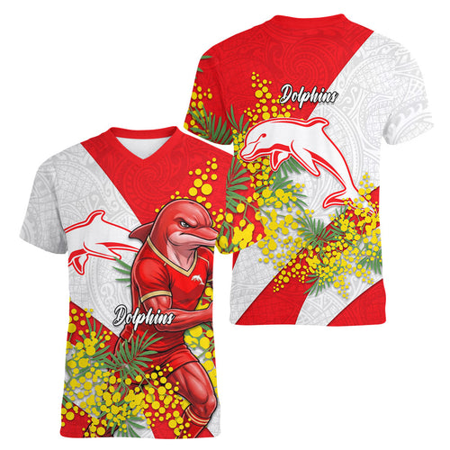 Dolphins Women V-Neck T-Shirt Golden Wattle Floral Polynesian - Australian Flower - Rugby Mascot