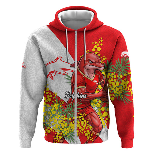 Dolphins Zip Hoodie Golden Wattle Floral Polynesian - Australian Flower - Rugby Mascot