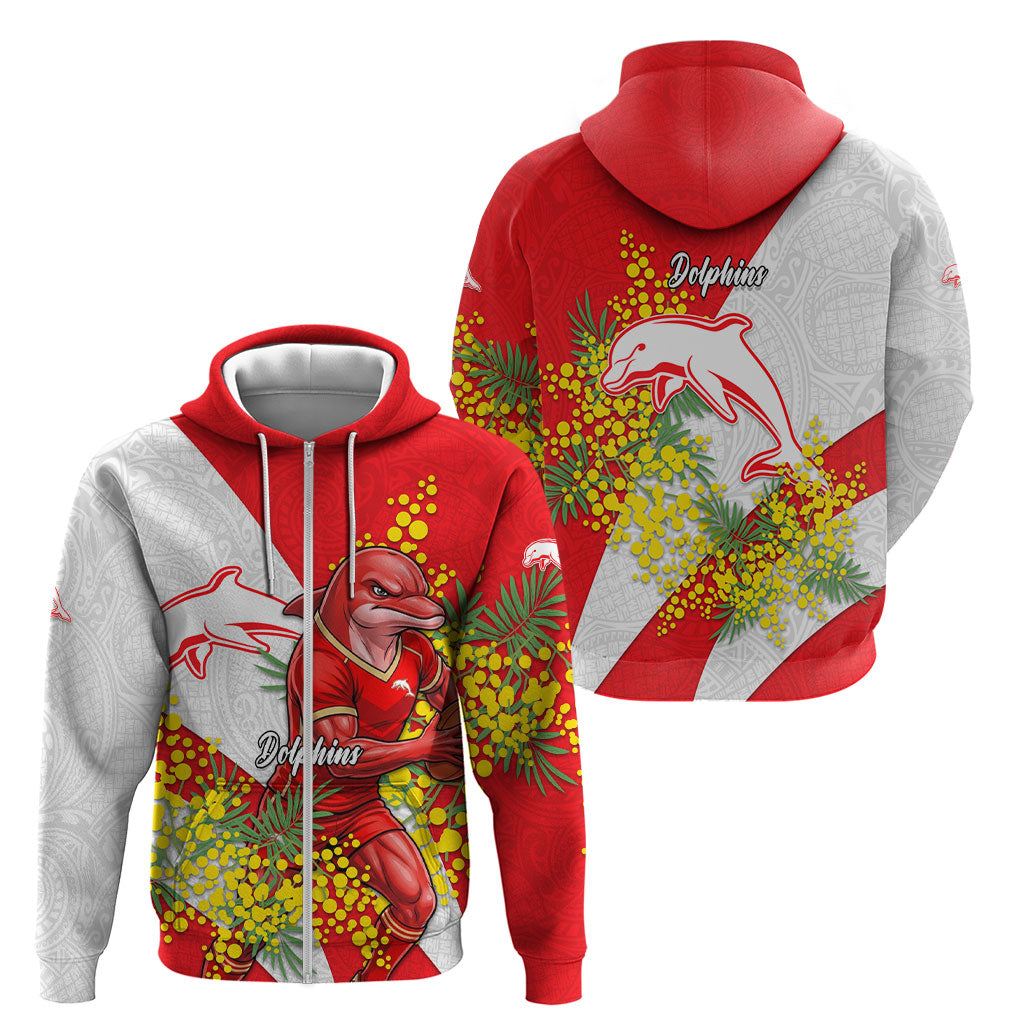 Dolphins Zip Hoodie Golden Wattle Floral Polynesian - Australian Flower - Rugby Mascot