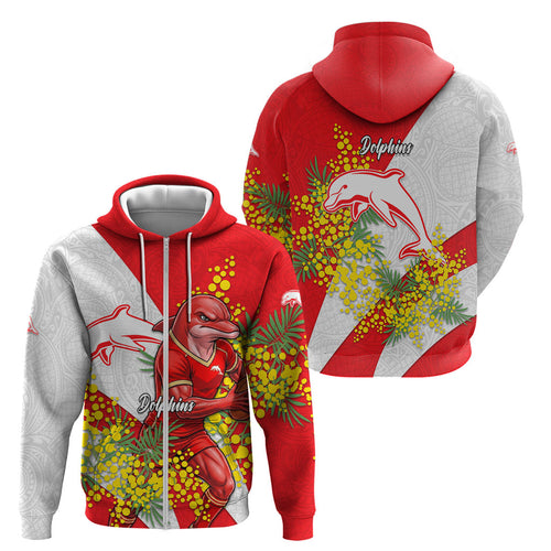 Dolphins Zip Hoodie Golden Wattle Floral Polynesian - Australian Flower - Rugby Mascot