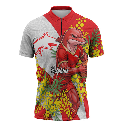 Dolphins Zipper Polo Shirt Golden Wattle Floral Polynesian - Australian Flower - Rugby Mascot
