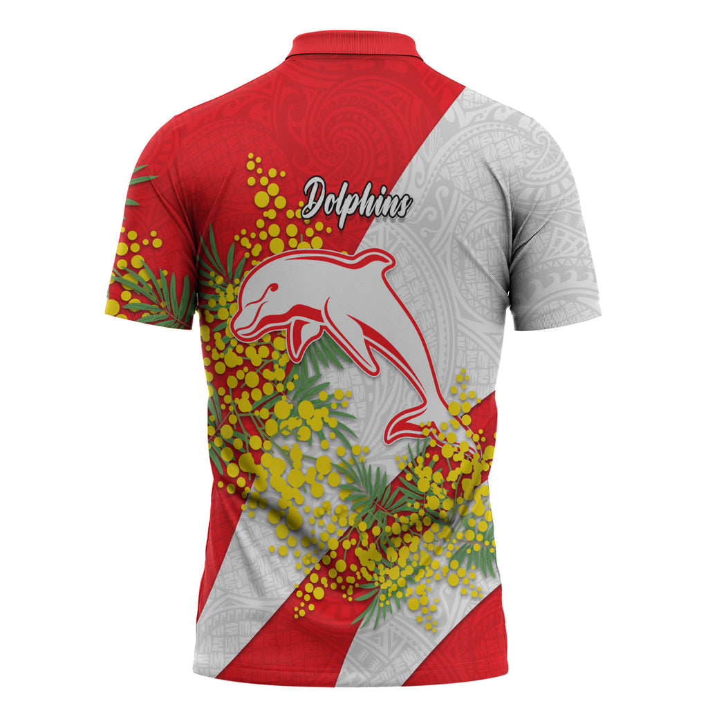 Dolphins Zipper Polo Shirt Golden Wattle Floral Polynesian - Australian Flower - Rugby Mascot