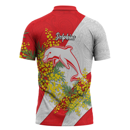 Dolphins Zipper Polo Shirt Golden Wattle Floral Polynesian - Australian Flower - Rugby Mascot