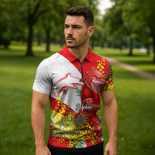 Dolphins Zipper Polo Shirt Golden Wattle Floral Polynesian - Australian Flower - Rugby Mascot