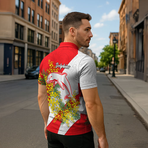 Dolphins Zipper Polo Shirt Golden Wattle Floral Polynesian - Australian Flower - Rugby Mascot