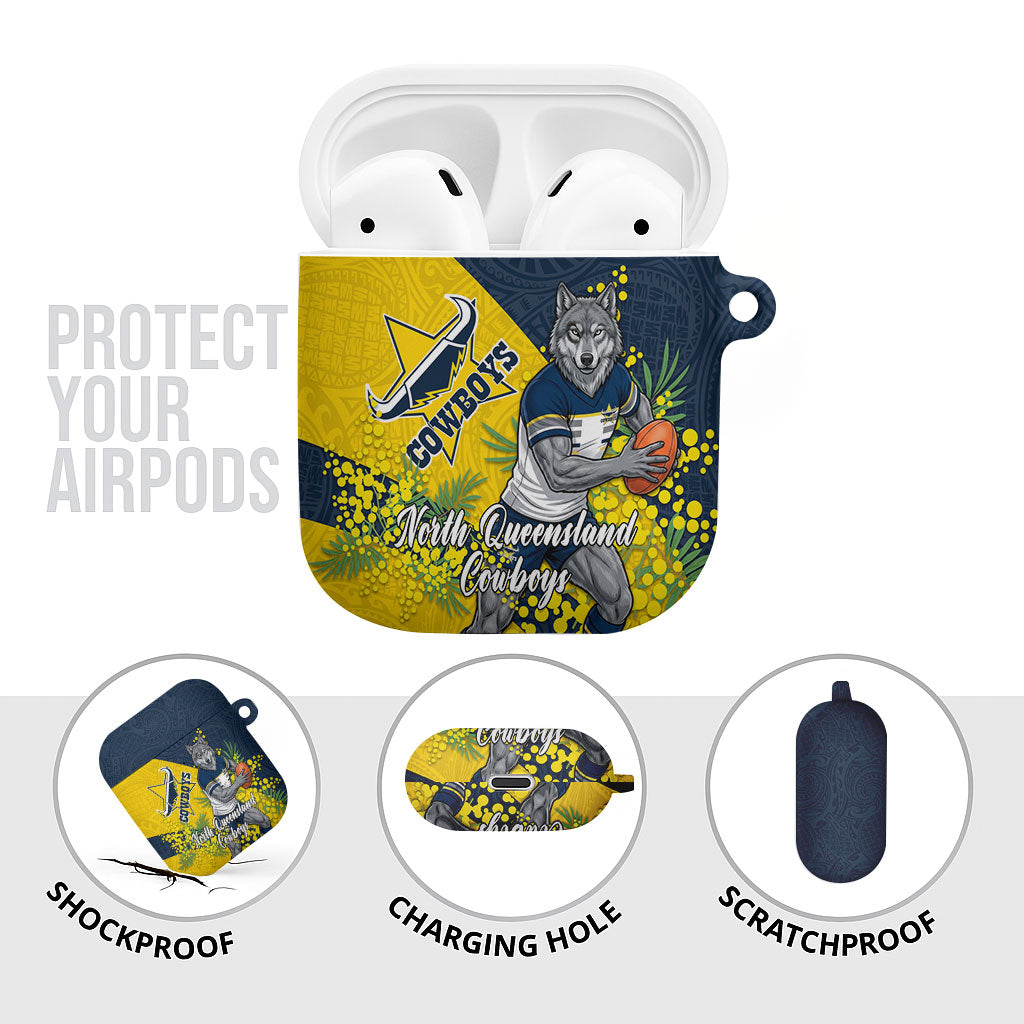 North Queensland Cowboys AirPods Case Golden Wattle Floral Polynesian - Australian Flower - Rugby Mascot