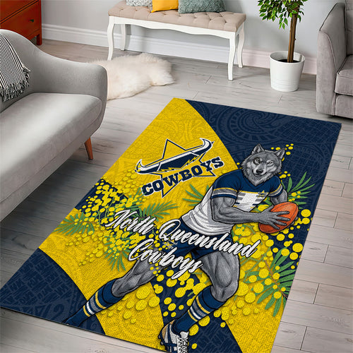 North Queensland Cowboys Area Rug Golden Wattle Floral Polynesian - Australian Flower - Rugby Mascot