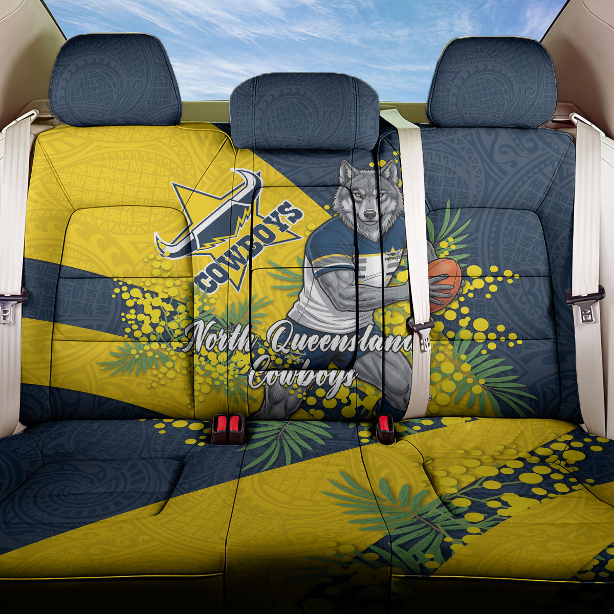 North Queensland Cowboys Back Car Seat Cover Golden Wattle Floral Polynesian - Australian Flower - Rugby Mascot