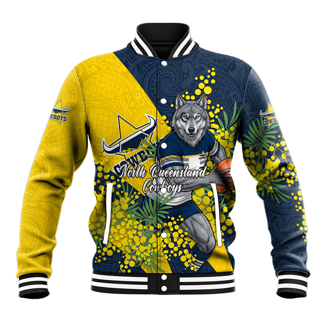 North Queensland Cowboys Baseball Jacket Golden Wattle Floral Polynesian - Australian Flower - Rugby Mascot