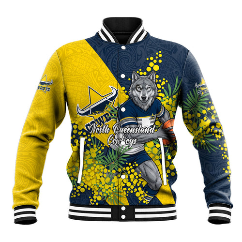 North Queensland Cowboys Baseball Jacket Golden Wattle Floral Polynesian - Australian Flower - Rugby Mascot