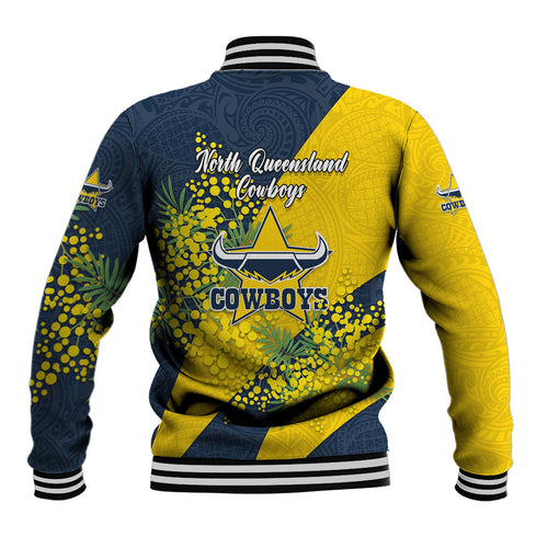 North Queensland Cowboys Baseball Jacket Golden Wattle Floral Polynesian - Australian Flower - Rugby Mascot