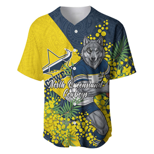 North Queensland Cowboys Baseball Jersey Golden Wattle Floral Polynesian - Australian Flower - Rugby Mascot