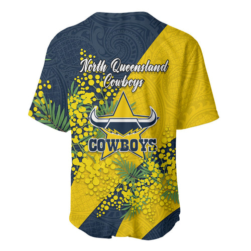 North Queensland Cowboys Baseball Jersey Golden Wattle Floral Polynesian - Australian Flower - Rugby Mascot