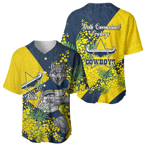 North Queensland Cowboys Baseball Jersey Golden Wattle Floral Polynesian - Australian Flower - Rugby Mascot