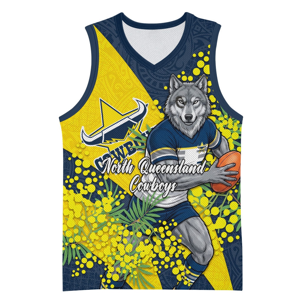 North Queensland Cowboys Basketball Jersey Golden Wattle Floral Polynesian - Australian Flower - Rugby Mascot