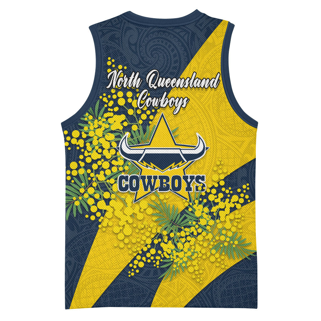 North Queensland Cowboys Basketball Jersey Golden Wattle Floral Polynesian - Australian Flower - Rugby Mascot