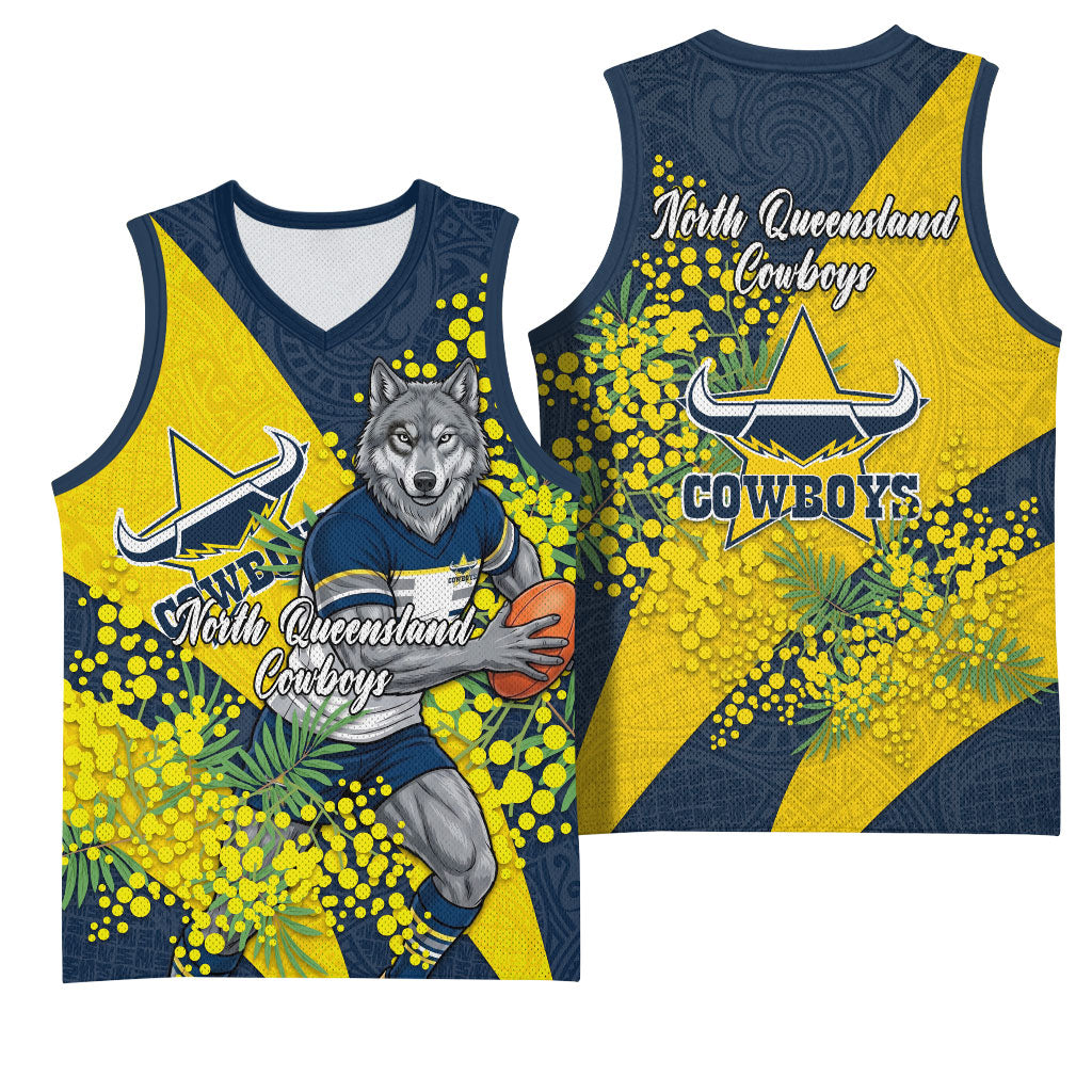 North Queensland Cowboys Basketball Jersey Golden Wattle Floral Polynesian - Australian Flower - Rugby Mascot