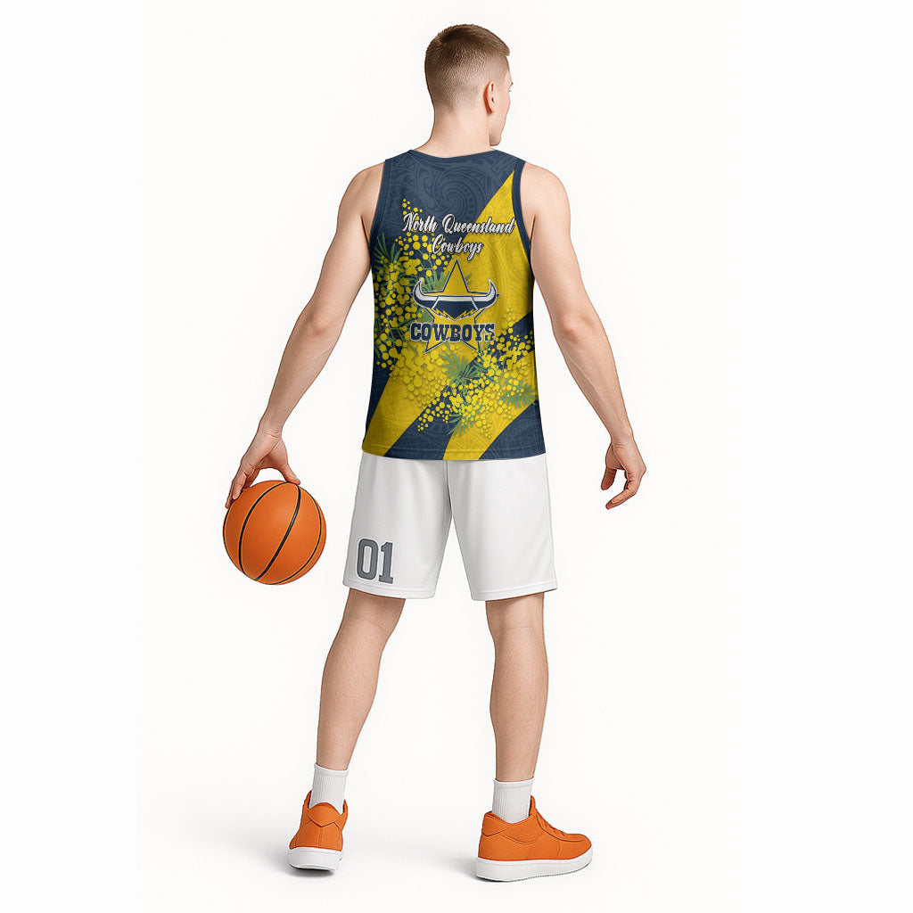 North Queensland Cowboys Basketball Jersey Golden Wattle Floral Polynesian - Australian Flower - Rugby Mascot