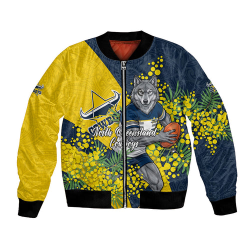 North Queensland Cowboys Bomber Jacket Golden Wattle Floral Polynesian - Australian Flower - Rugby Mascot